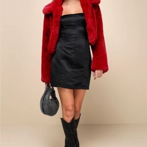 Lulu's Lavish Attitude Red Faux Fur Collared Cropped Jacket
